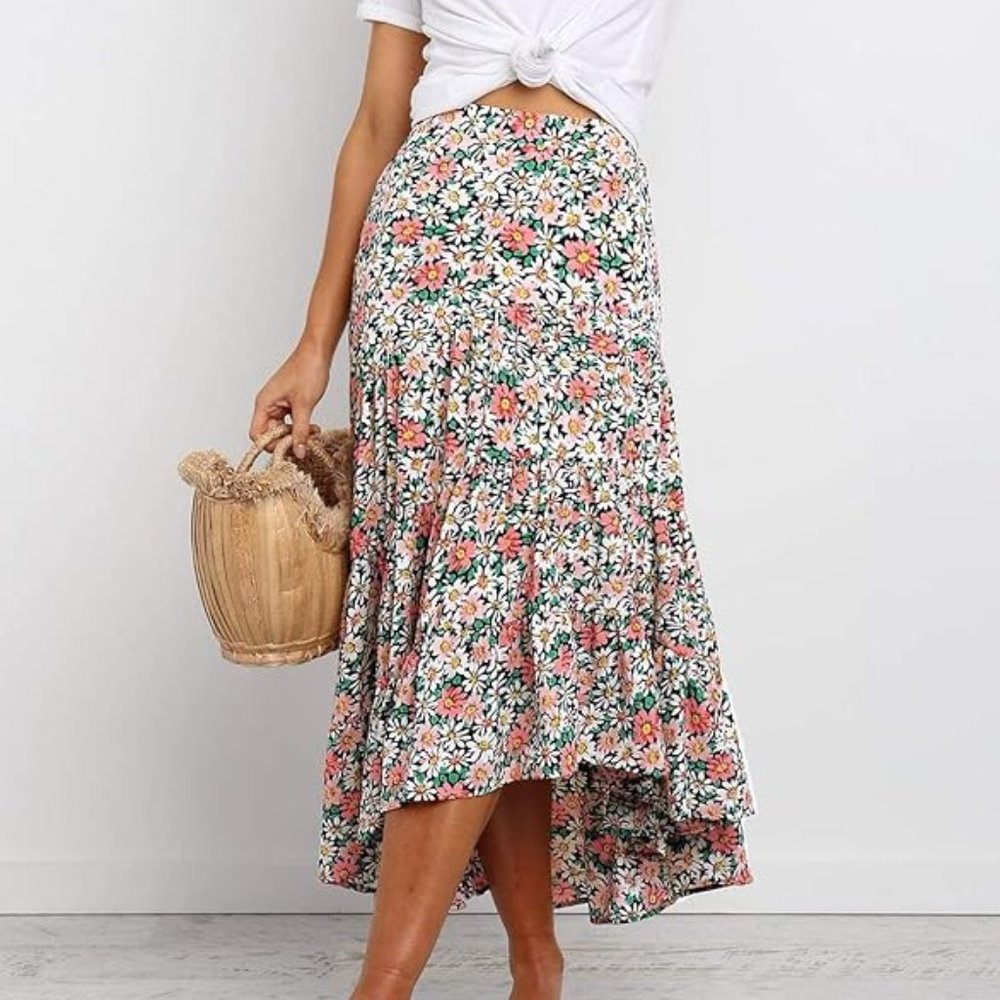 Women's Floral Print Skirt Midi Elastic High Waist Long Skirt